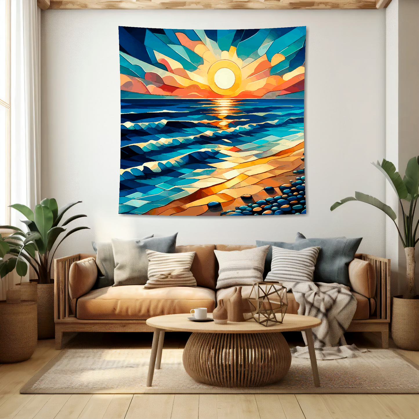 Abstract art blanket featuring a
golden sky and golden sandy beach. 1.5 metres by 1.5 metres, perfect for adding a touch of elegance and tranquillity to any big wall space.