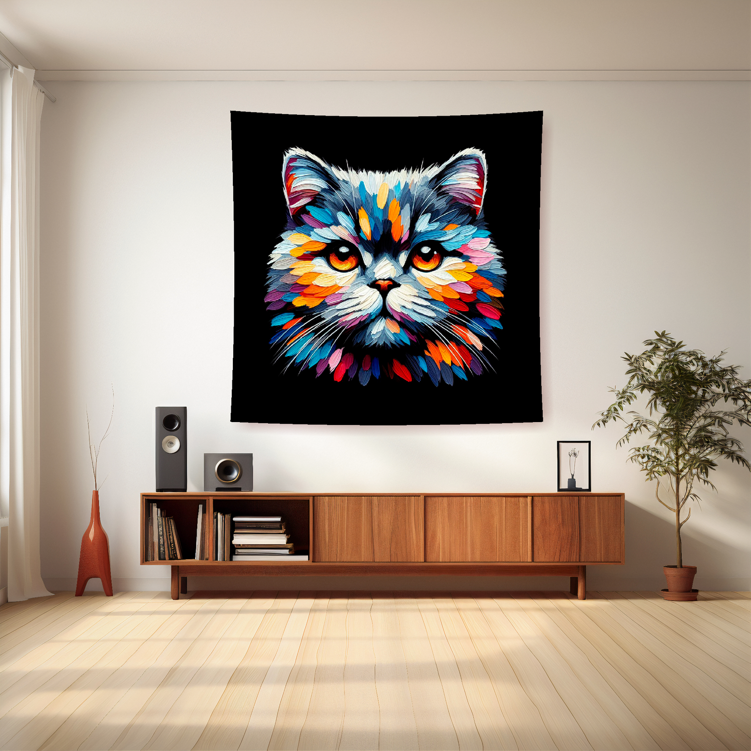 A colourful portrait of a Cats head featured on a 1.5m x 1.5m large art blanket