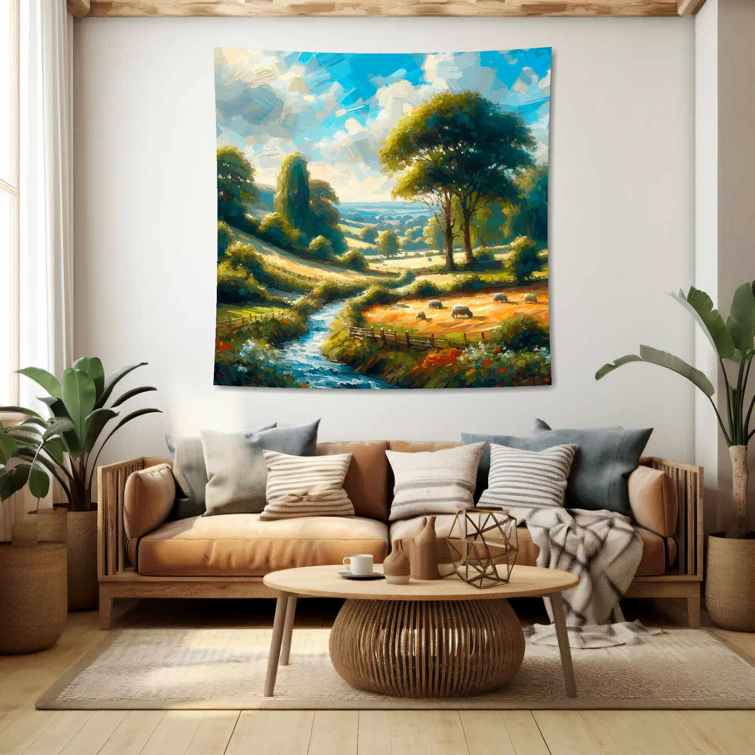 Large art blankets featuring landscape and seascape designs. 1.5 metres by 1.5 metres, perfect for adding a touch of natural beauty to big wall spaces.