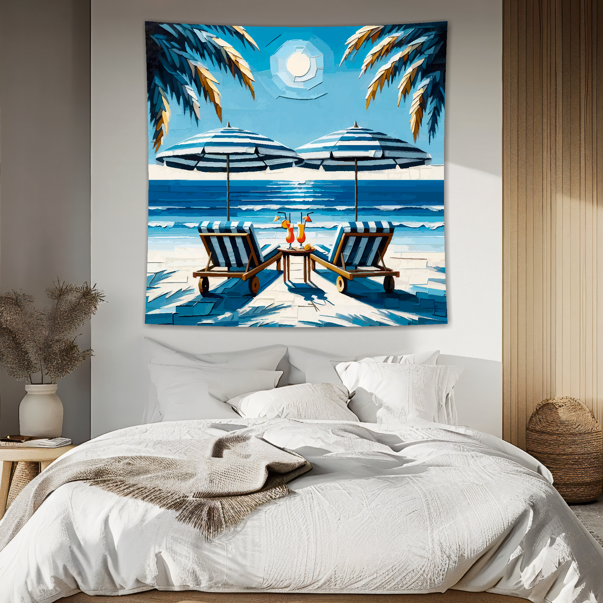 Abstract art blanket featuring a captivating beach scene. 1.5 metres by 1.5 metres, perfect for adding a touch of elegance and tranquillity to any space.