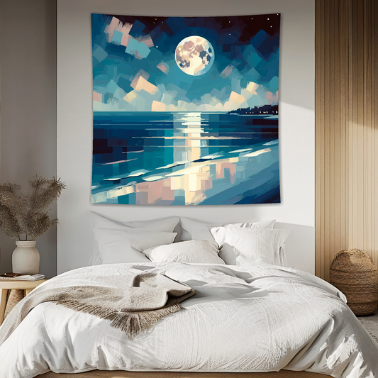 Abstract art blanket featuring a captivating moonlight scene. 1.5 metres by 1.5 metres, perfect for adding a touch of elegance and tranquillity to any space.