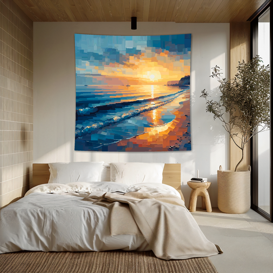 Abstract art blanket featuring a captivating sunrise scene. 1.5 metres by 1.5 metres, perfect for adding a touch of elegance and tranquillity to any space.