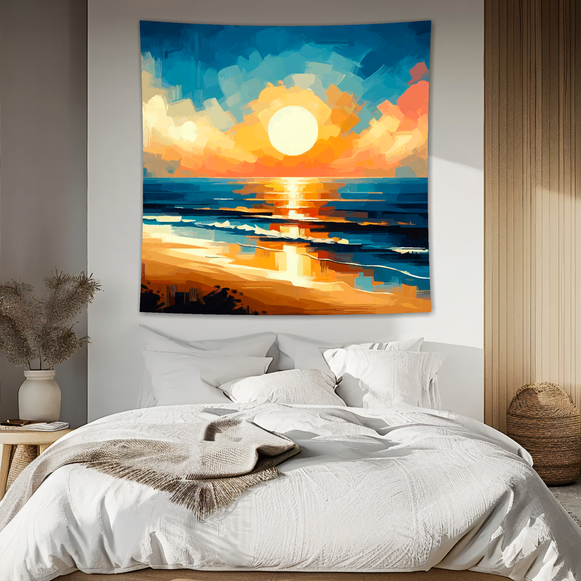 Abstract art blanket featuring a captivating sunrise scene. 1.5 metres by 1.5 metres, perfect for adding a touch of elegance and tranquillity to any space.