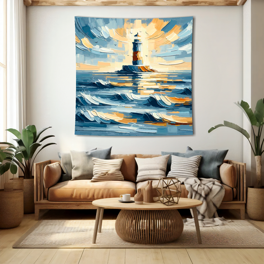 Abstract art blanket featuring a captivating lighthouse seascape scene. 1.5 metres by 1.5 metres, perfect for adding a touch of elegance and tranquillity to any space.