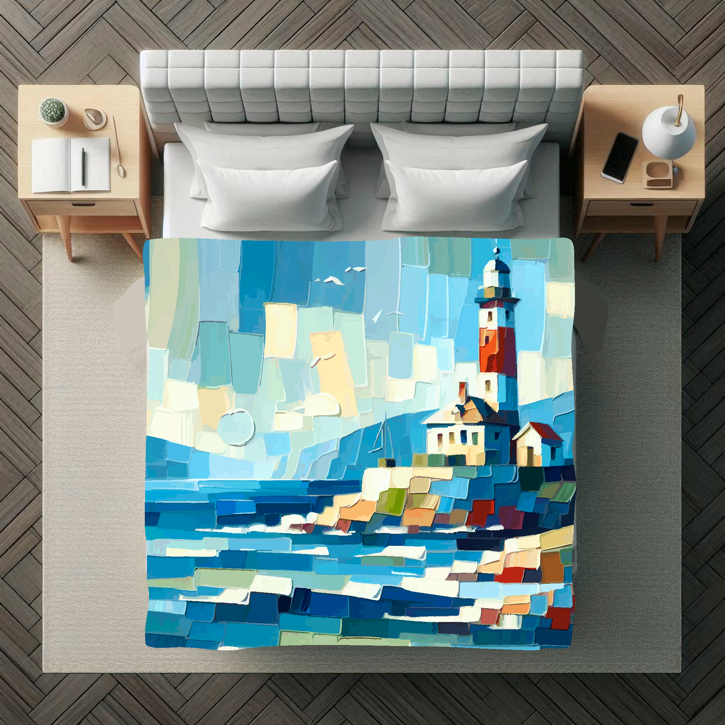 Abstract art blanket featuring a captivating lighthouse seascape scene. 1.5 metres by 1.5 metres, perfect for adding a touch of elegance and tranquillity to any big wall space.