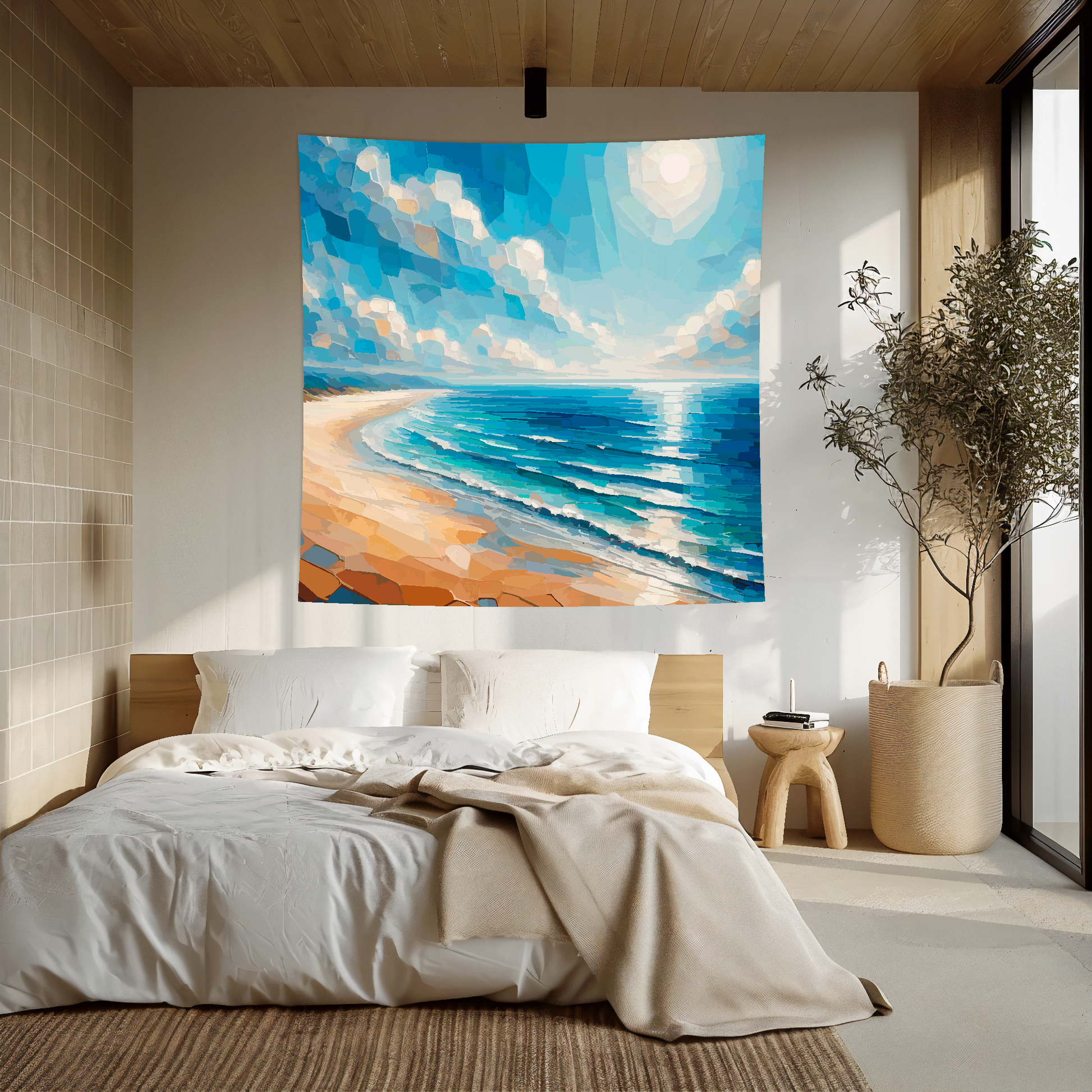 Abstract art blanket featuring a blue ocean coastline and sandy beach. 1.5 metres by 1.5 metres, perfect for adding a touch of elegance and tranquillity to any big wall space.