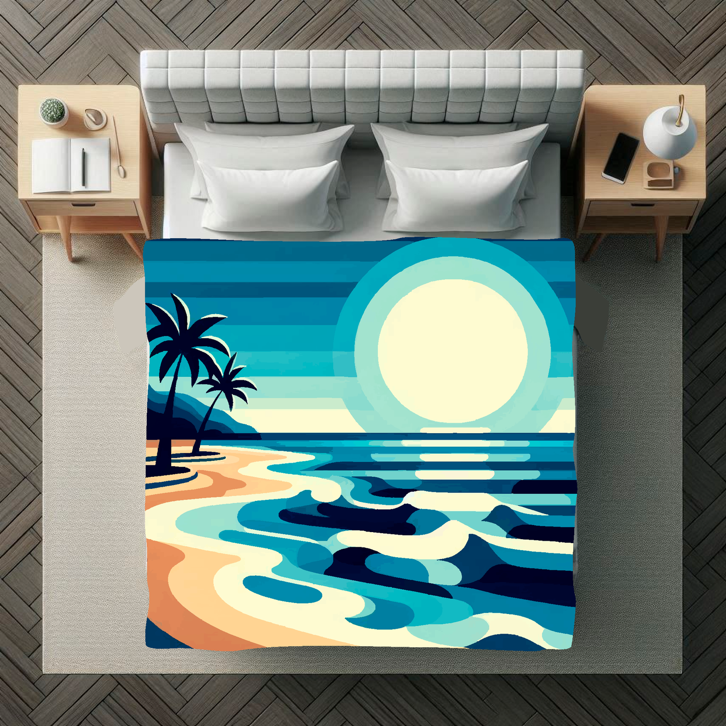 Abstract art blanket featuring sunny beach and palm trees. 1.5 metres by 1.5 metres, perfect for adding a touch of elegance and tranquillity to any big wall space.