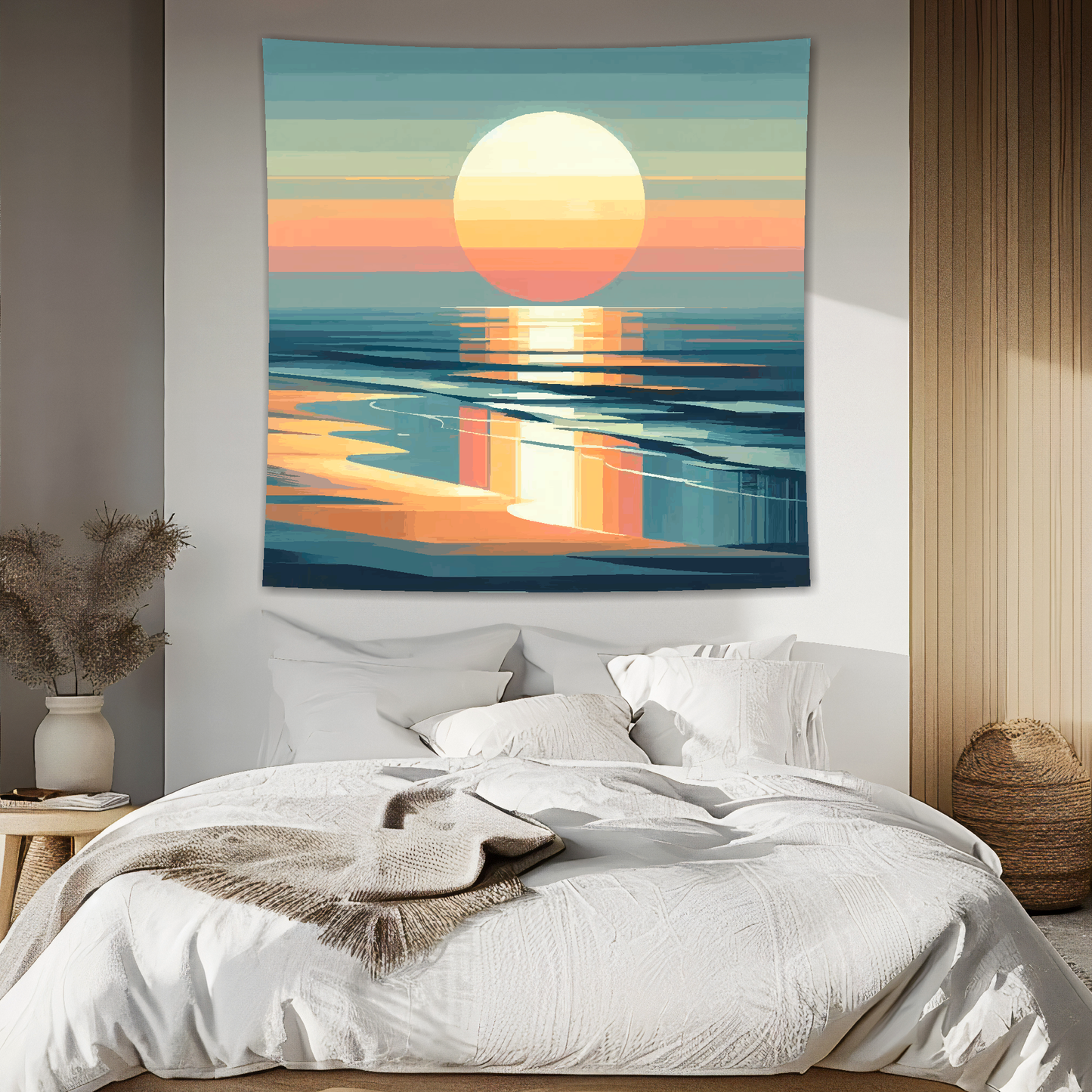 Abstract art blanket featuring a captivating sunset seascape scene. 1.5 metres by 1.5 metres, perfect for adding a touch of elegance and tranquillity to any big wall space.