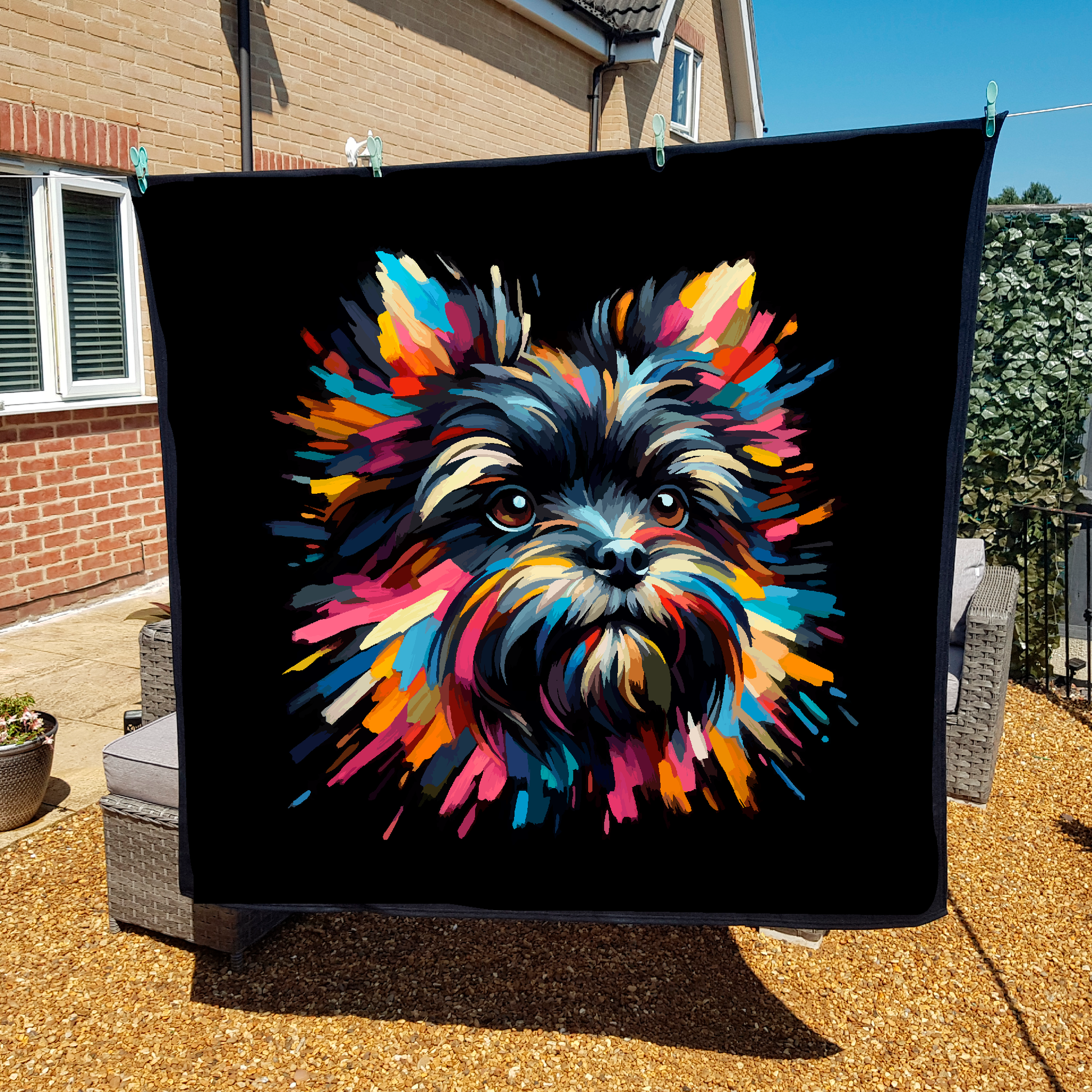 A vibrant 150cm x 150cm large art blanket featuring a colourful portrait of an Affenpinscher dog. The design showcases the playful and lively nature of the breed, with an array of bright and bold colours bringing the artwork to life. Perfect for filling large walls, Bed spread or throw. adding a touch of warmth to any room.