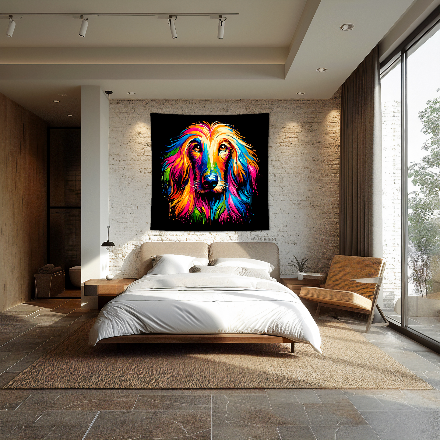 A 1.5m x 1.5m large art blanket hangs on a bedroom wall, featuring a colourful head portrait of a Afghan Hound dog. Black background.