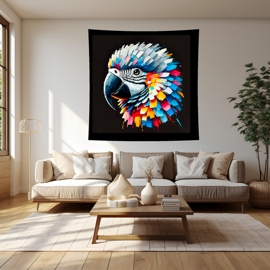 Large art blanket featuring a detailed and colourful portrait of an African Grey Parrot. Measuring 1.5 metres by 1.5 metres, perfect for adding natural beauty and elegance to any big wall space.