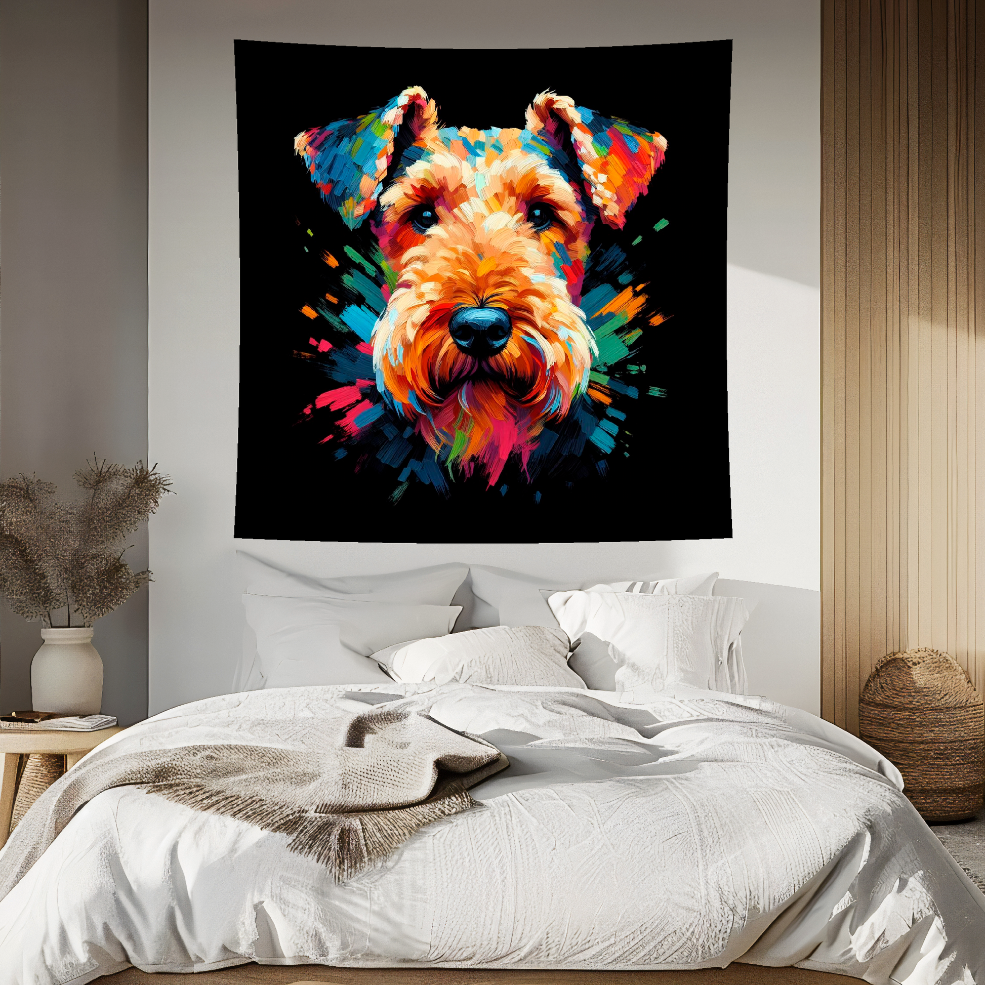 A vibrant 150cm x 150cm large art blanket featuring a colourful portrait of an Airedale Terrier dog. The design showcases the playful and lively nature of the breed, with an array of bright and bold colours bringing the artwork to life. Perfect for filling large walls, Bed spread or throw. adding a touch of warmth to any room.