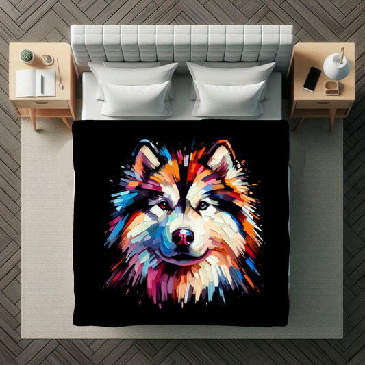 A vibrant 150cm x 150cm large art blanket featuring a colourful portrait of an Alaskan Malamute dog. The design showcases the playful and lively nature of the breed, with an array of bright and bold colours bringing the artwork to life. Perfect for filling large walls, Bed spread or throw. adding a touch of warmth to any room.