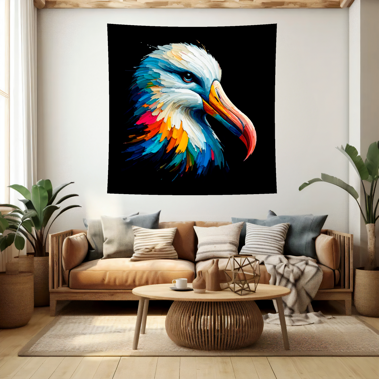 Large art blanket featuring a detailed and colourful portrait of an Albatross. Measuring 1.5 metres by 1.5 metres, perfect for adding natural beauty and elegance to any big wall space.