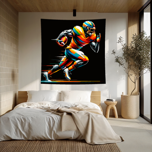 Abstract art blanket featuring a colourful American Football player. 1.5 metres by 1.5 metres, perfect for adding a touch of sporting action to any big wall space.