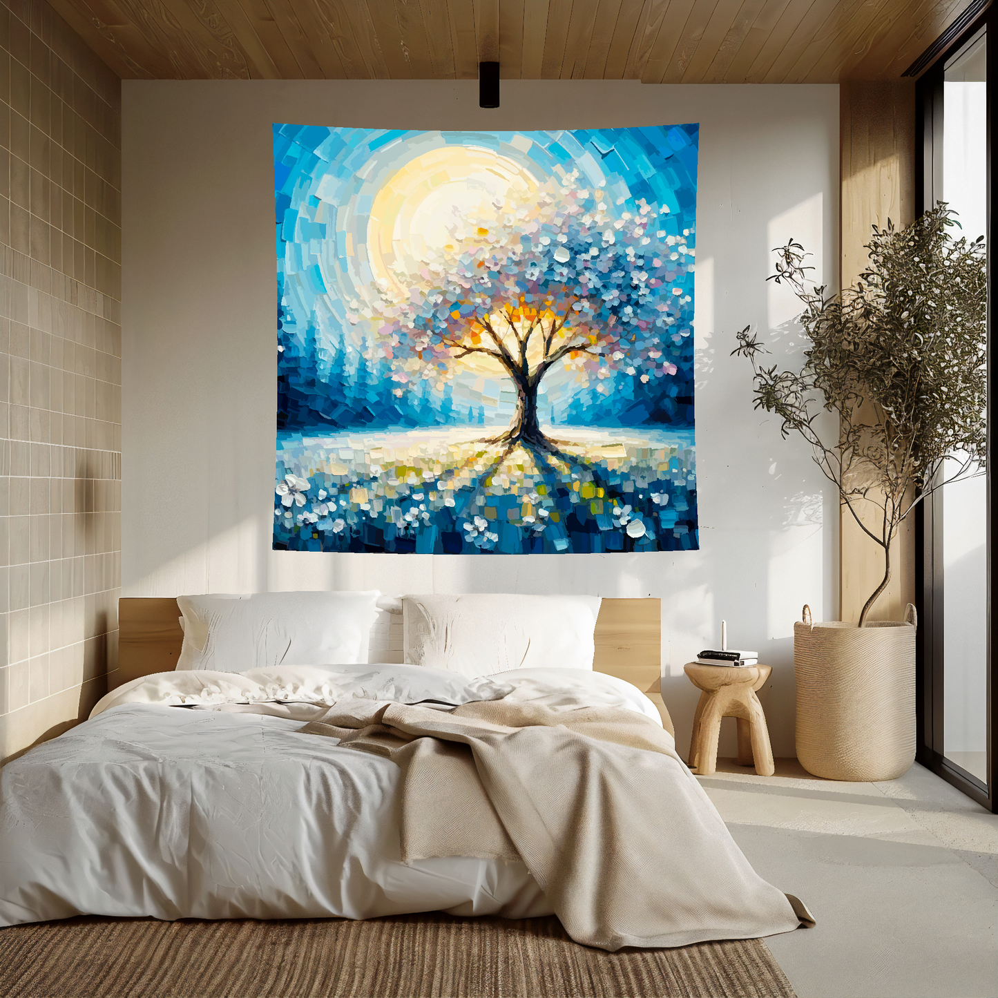 Large Art Blanket featuring a Apple Blossom tree landscape. 1.5 metres by 1.5 metres, perfect for adding a touch of nature to your home.