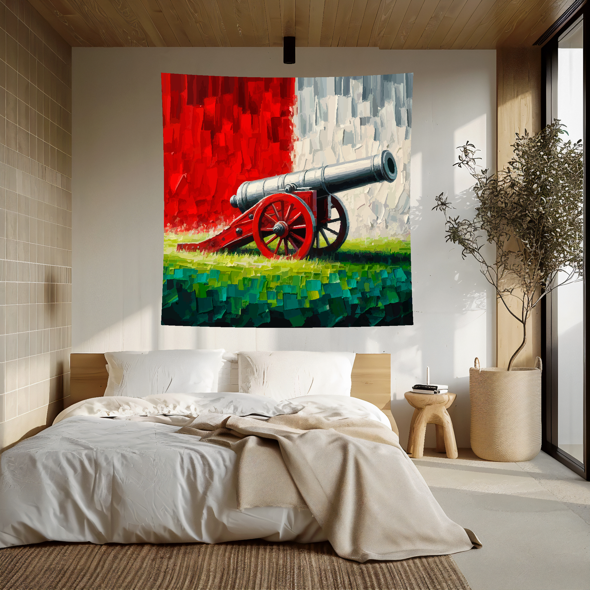 Large art blanket featuring a colourful themed design of Arsenal football team. Measuring 1.5 metres by 1.5 metres, this blanket showcases the team's canon and colours, perfect for adding a touch of football art to any big wall space.