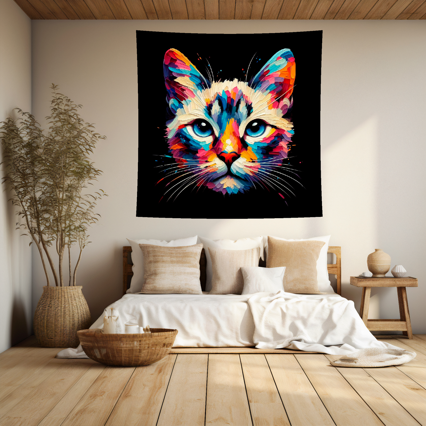 A vibrant 150cm x 150cm large art blanket featuring a colourful portrait of an Asian cat. The design captures the cat's distinctive Markings and playful expression, brought to life with a palette of bright and bold colours. Perfect for adding a touch of feline charm and warmth to any space.