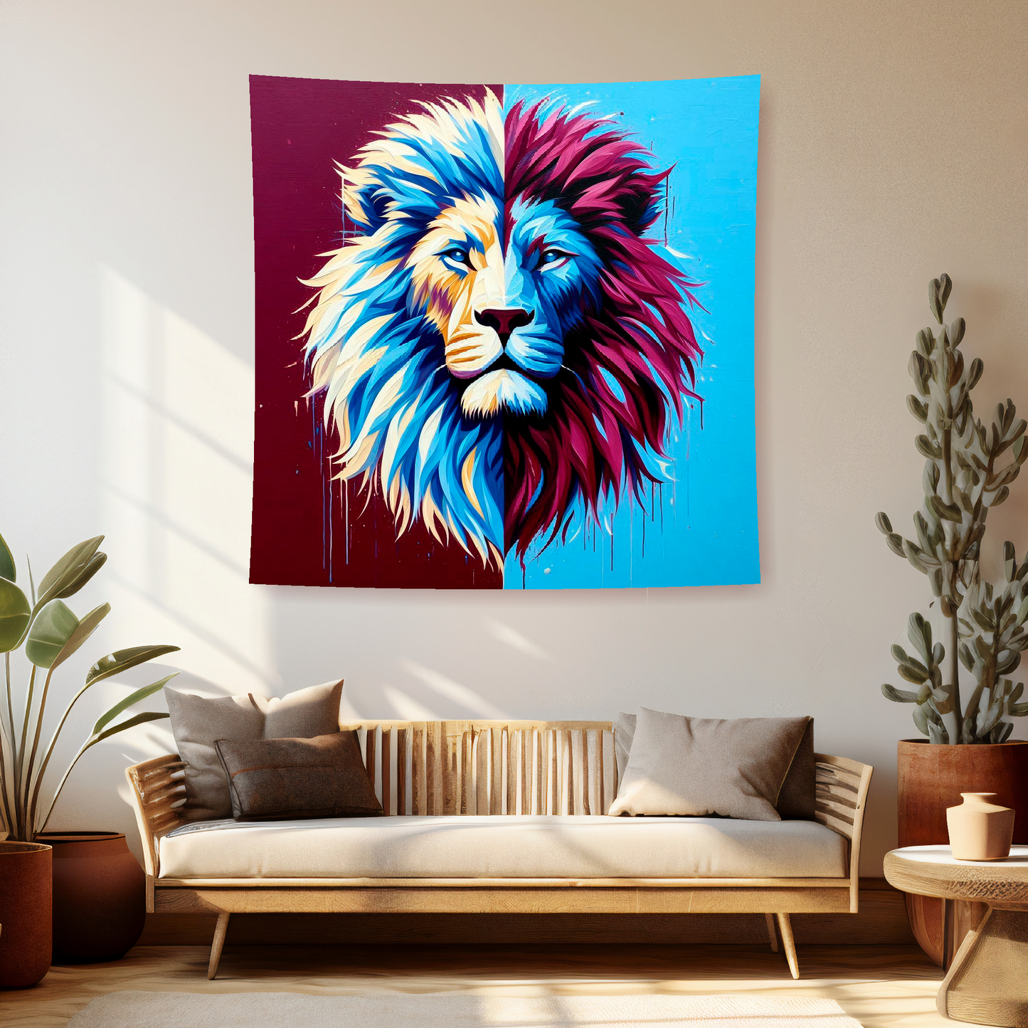 A vibrant 150cm x 150cm large art blanket featuring a colourful themed design inspired by Aston Villa football team. Perfect for football fans to add a touch of team pride and warmth to their home.