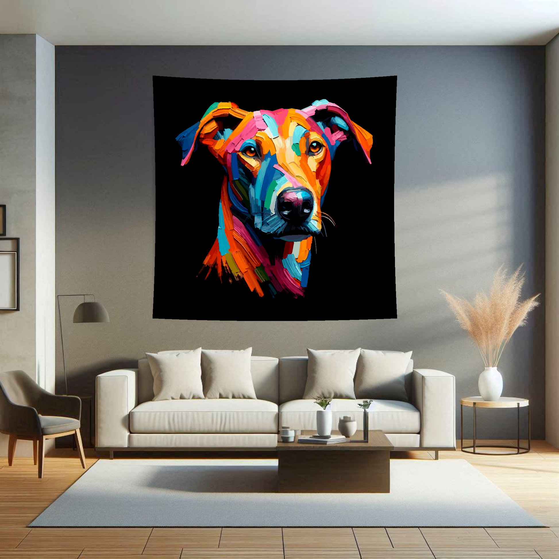 A vibrant 150cm x 150cm large art blanket featuring a colourful portrait of a Azawakh dog. Perfect for filling large walls.