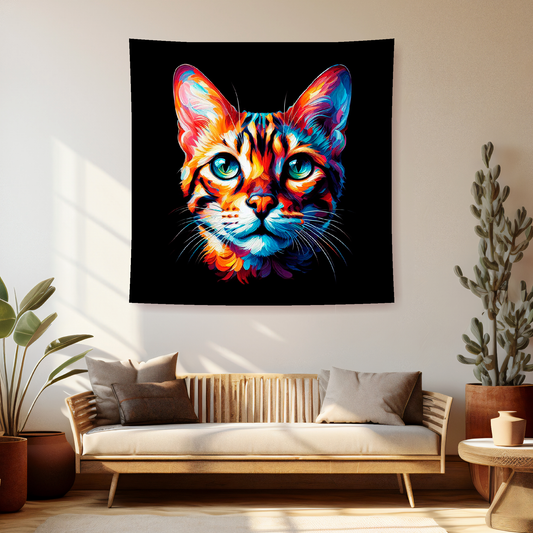 A vibrant 150cm x 150cm large art blanket featuring a colourful portrait of a Bengal cat. The design captures the cat's distinctive Markings and playful expression, brought to life with a palette of bright and bold colours.