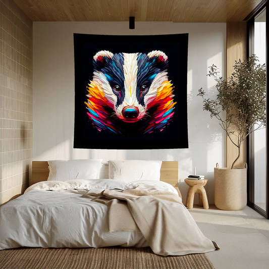 Large art blanket featuring a detailed and colourful portrait of a badger. Measuring 1.5 metres by 1.5 metres, this blanket is perfect for adding a touch of natural wildlife beauty to any big wall space.