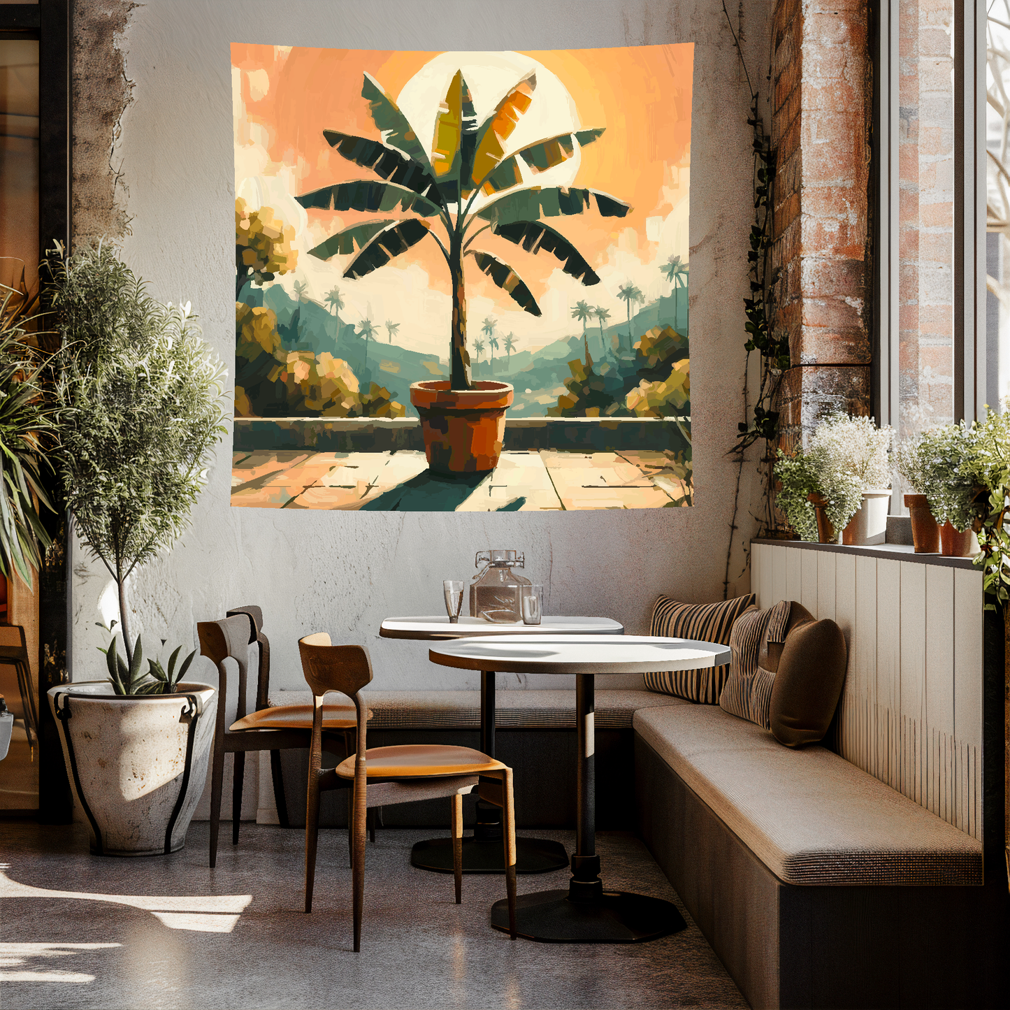 Large Art Blanket featuring Banana tree landscape. 1.5 metres by 1.5 metres, perfect for adding a touch of nature to your home.