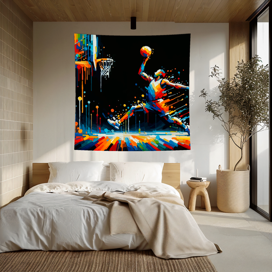 Abstract art blanket featuring a colourful basketball player. 1.5 metres by 1.5 metres, perfect for adding a touch of sporting action to any big wall space.