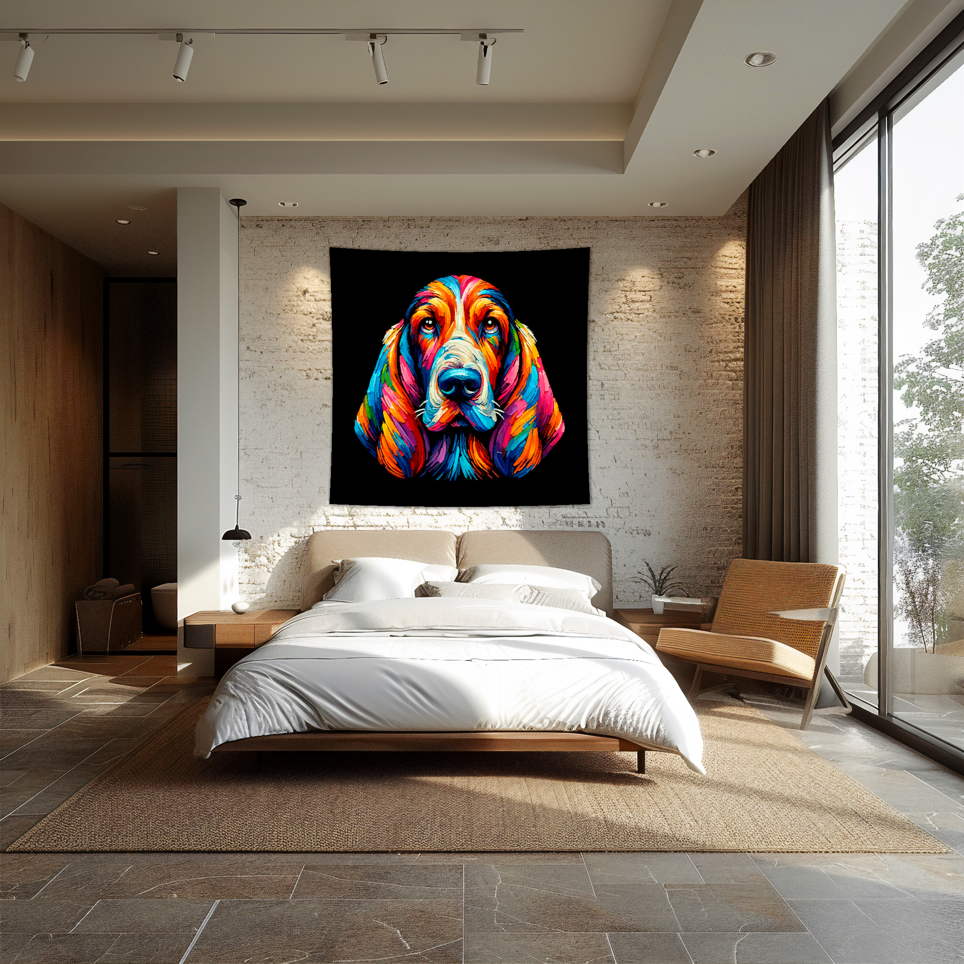 A 1.5m x 1.5m large art blanket hangs on a bedroom wall, featuring a colourful head portrait of a Basset Hound dog. Black background.