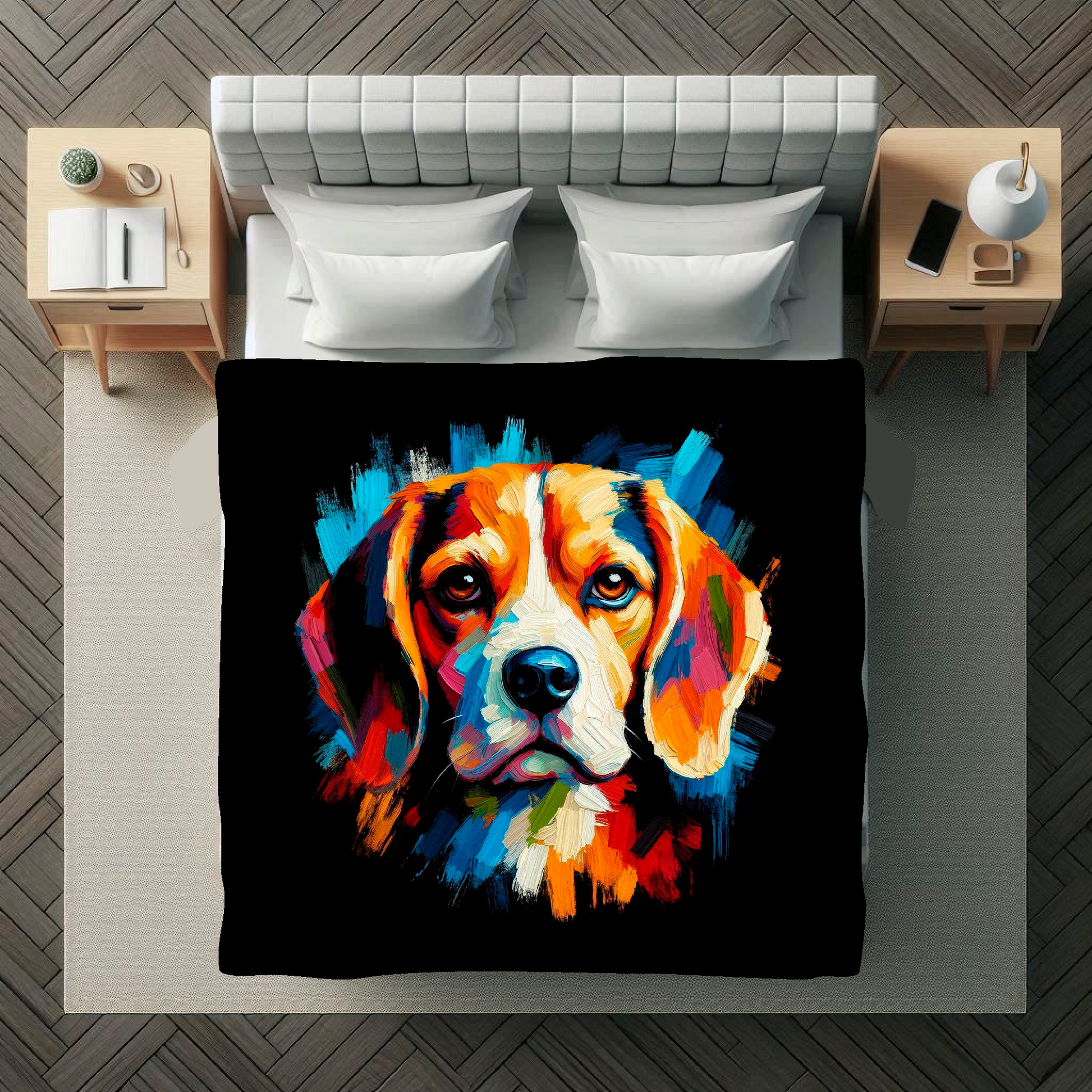 A vibrant 150cm x 150cm large art blanket featuring a colourful portrait of an Beagle dog. The design showcases the playful and lively nature of the breed, with an array of bright and bold colours bringing the artwork to life. Perfect for filling large walls, Bed spread or throw. adding a touch of warmth to any room.