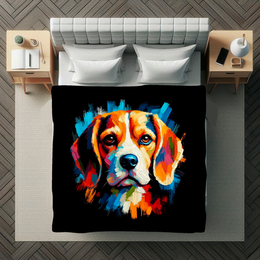 A vibrant 150cm x 150cm large art blanket featuring a colourful portrait of an Beagle dog. The design showcases the playful and lively nature of the breed, with an array of bright and bold colours bringing the artwork to life. Perfect for filling large walls, Bed spread or throw. adding a touch of warmth to any room.