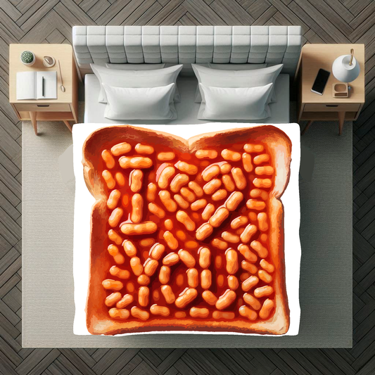 Large Art Blanket featuring a slice of beans on toast, the words I Love You written with the beans  1.5 metres by 1.5 metres, perfect for adding a touch of childhood memories to your home.