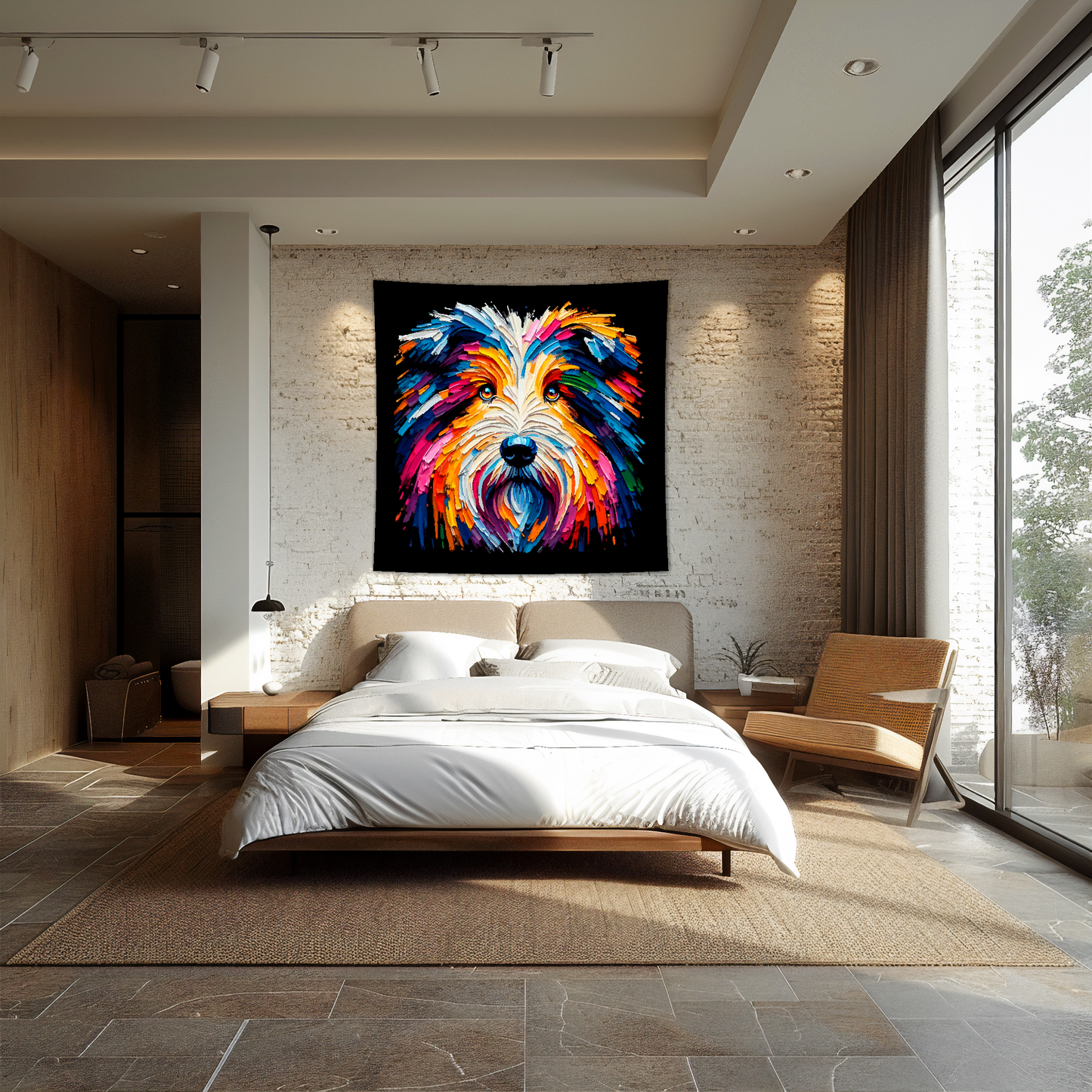 A 1.5m x 1.5m large art blanket hangs on a bedroom wall, featuring a colourful head portrait of a Bearded Collie dog. Black background.