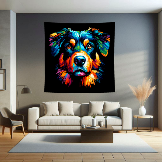 A 1.5m x 1.5m large art blanket hangs on a lounge wall, featuring a colourful head portrait of a Beauceron dog. Black background.