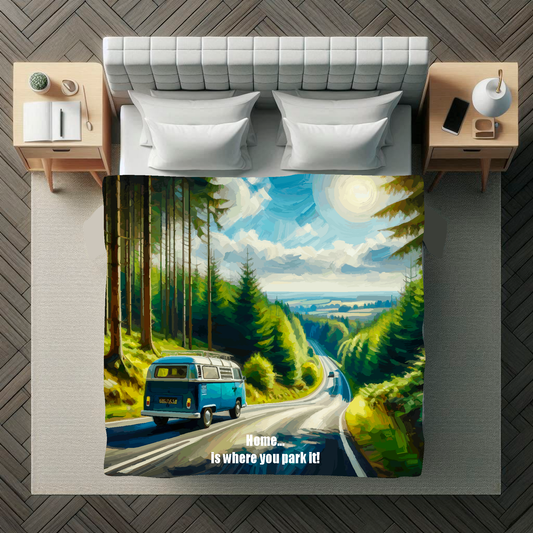 Abstract art blanket featuring a Campervan driving along a country road scene. 1.5 metres by 1.5 metres, perfect for adding a touch of elegance and tranquillity to any big wall space.