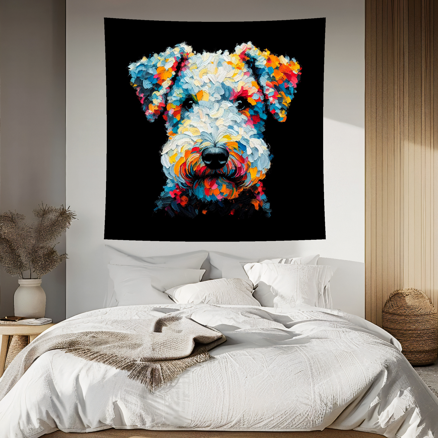 A vibrant 150cm x 150cm large art blanket featuring a colourful portrait of an Bedlington Terrier dog. The design showcases the playful and lively nature of the breed, with an array of bright and bold colours bringing the artwork to life. Perfect for filling large walls, Bed spread or throw. adding a touch of warmth to any room.