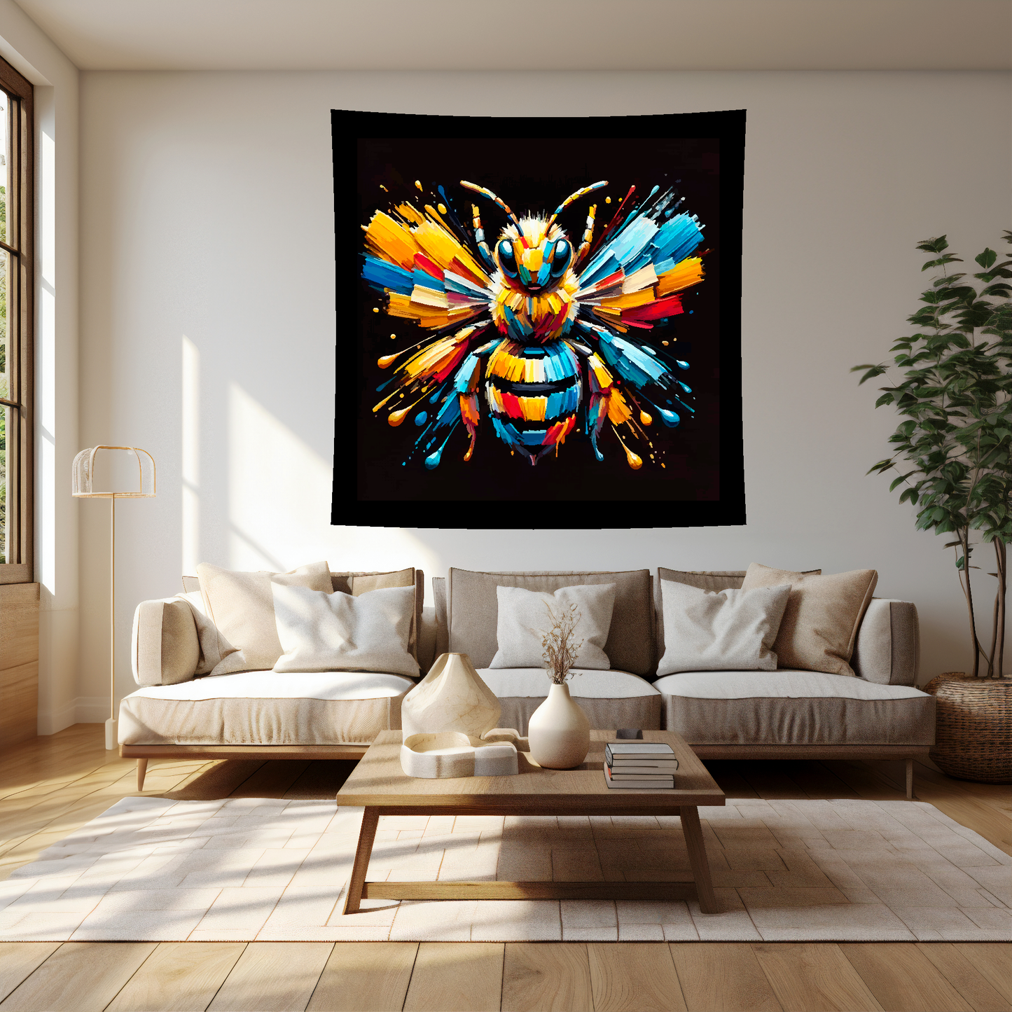 Large art blanket featuring a detailed and colourful portrait of a Bee. Measuring 1.5 metres by 1.5 metres, this blanket is perfect for adding a touch of natural wildlife beauty to any big wall space.