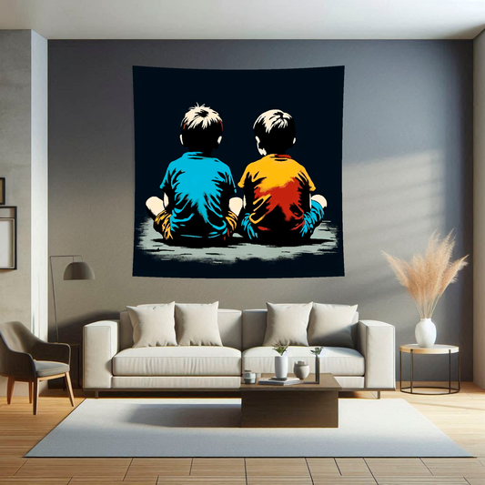 Large Art Blanket featuring two little boys  sitting together in a street. 1.5 metres by 1.5 metres, perfect for adding a touch of childhood memories to your home.