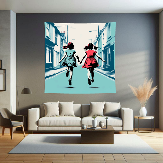 Large Art Blanket featuring two young girls running in a street. 1.5 metres by 1.5 metres, perfect for adding a touch of childhood memories to your home.