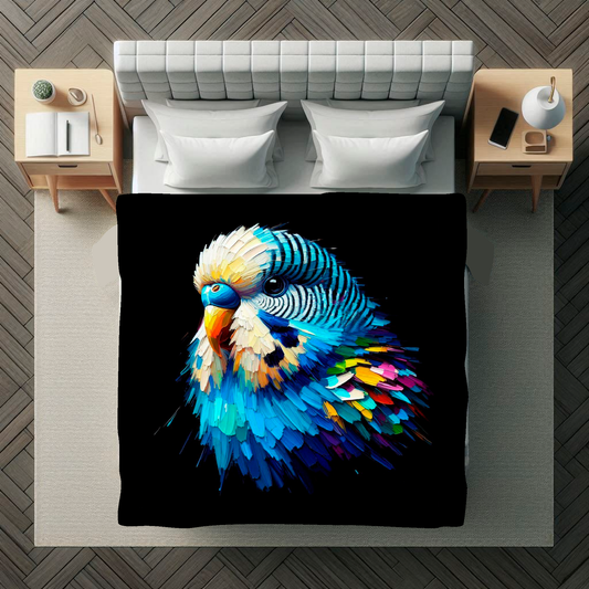 Large art blanket featuring a detailed and colourful portrait of a Blue Budgie. Measuring 1.5 metres by 1.5 metres, perfect for adding natural beauty and elegance to any big wall space.