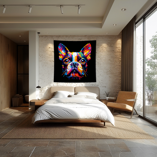 A 1.5m x 1.5m large art blanket hangs on a bedroom wall, featuring a colourful head portrait of a Boston Terrier dog. Black background.