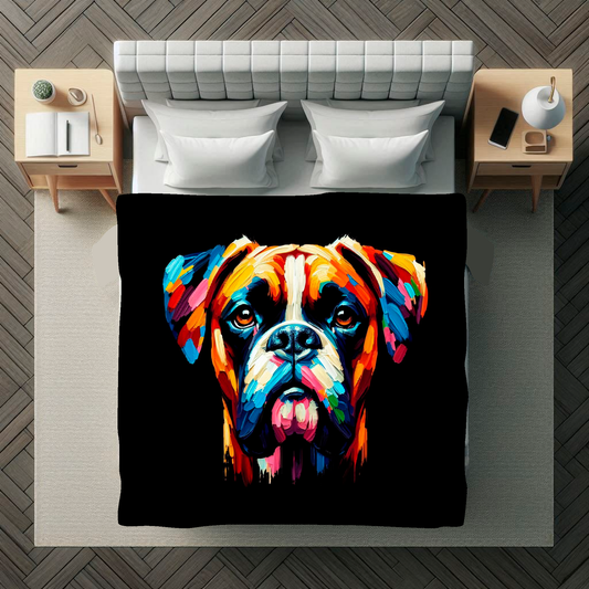 A vibrant 150cm x 150cm large art blanket featuring a colourful portrait of an Boxer dog. The design showcases the playful and lively nature of the breed, with an array of bright and bold colours bringing the artwork to life. Perfect for filling large walls, Bed spread or throw. adding a touch of warmth to any room.