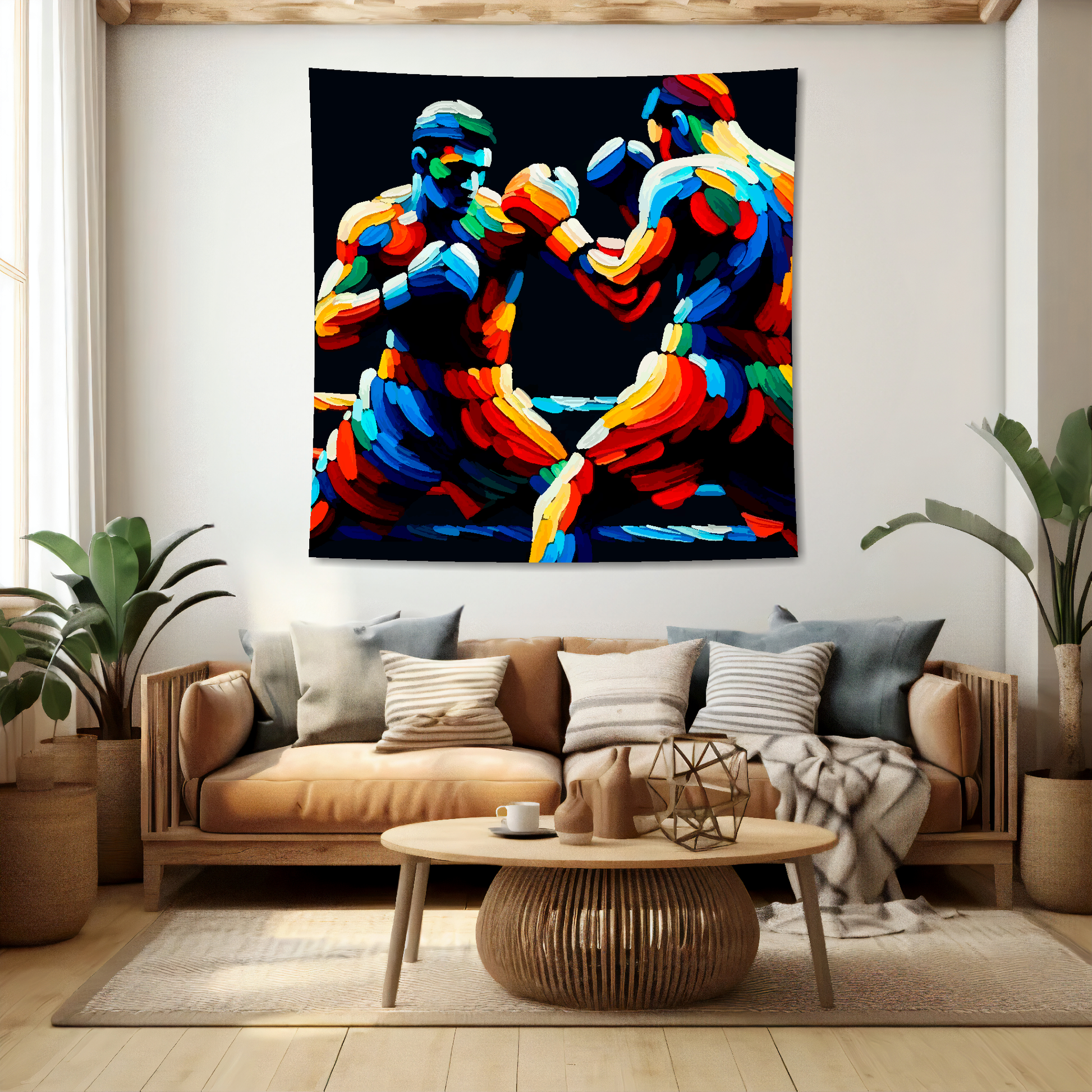 Abstract art blanket featuring two colourful male boxers boxing. 1.5 metres by 1.5 metres, perfect for adding a touch of sporting action to any big wall space.