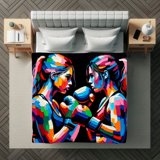 Abstract art blanket featuring two colourful female boxers. 1.5 metres by 1.5 metres, perfect for adding a touch of sporting action to any big wall space.