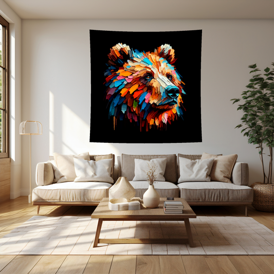 Large art blanket featuring a detailed and colourful portrait of a Brown Bear. Measuring 1.5 metres by 1.5 metres, this blanket is perfect for adding a touch of natural wildlife beauty to any big wall space.