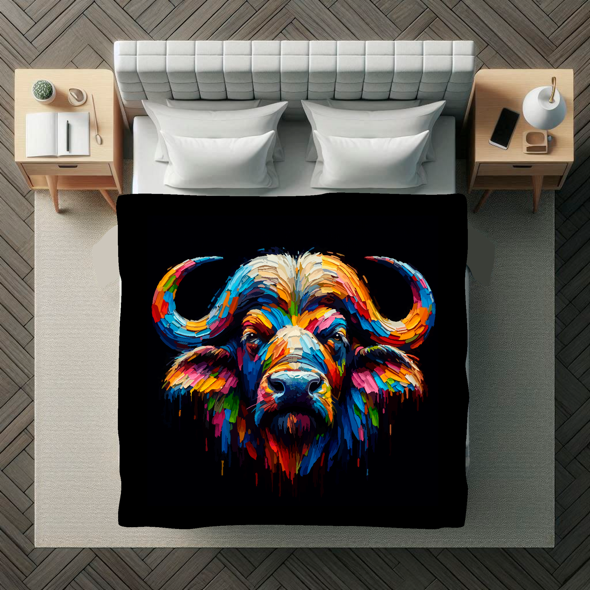 Large art blanket featuring a detailed and colourful portrait of a Buffalo. Measuring 1.5 metres by 1.5 metres, this blanket is perfect for adding a touch of natural wildlife beauty to any big wall space.