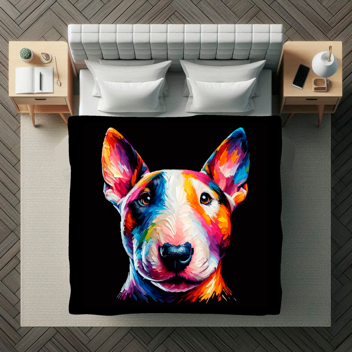 A 1.5m x 1.5m large art blanket is spread  out across a double bed, featuring a colourful head portrait of a English Bull Terrier dog, black background.