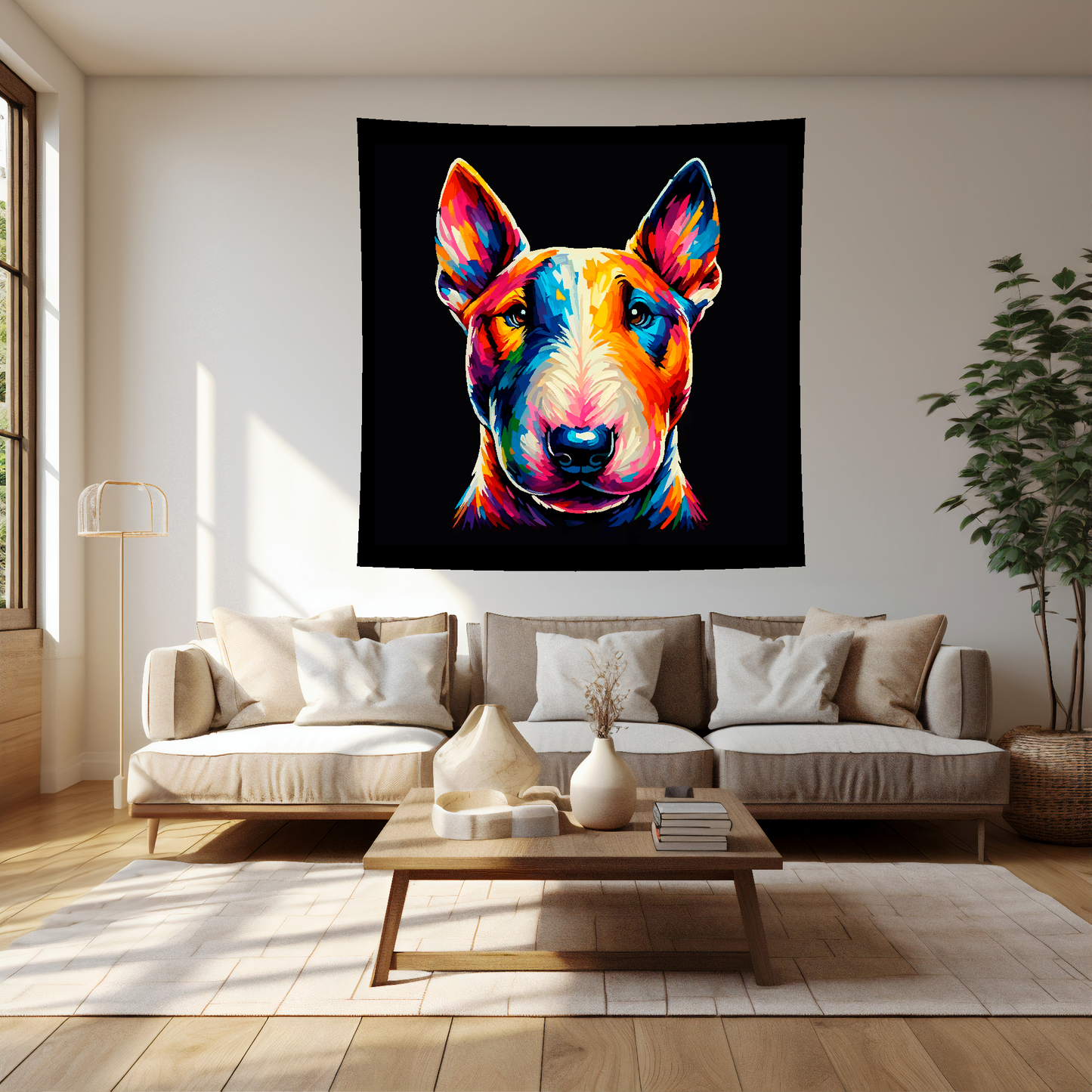 A 1.5m x 1.5m large art blanket hangs on a lounge wall, featuring a colourful head portrait of a Bull Terrier dog. Black background.