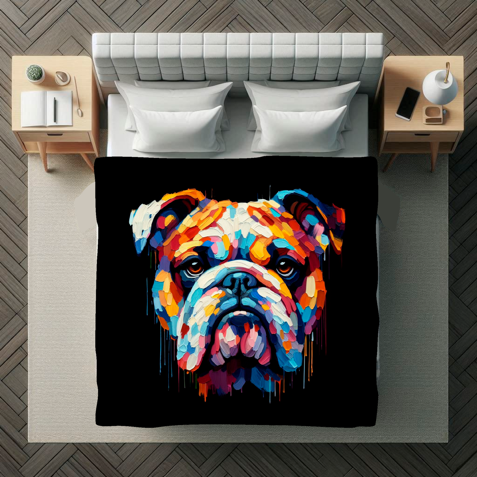 A vibrant 150cm x 150cm large art blanket featuring a colourful portrait of an Bulldog. The design showcases the playful and lively nature of the breed, with an array of bright and bold colours bringing the artwork to life. Perfect for filling large walls, Bed spread or throw. adding a touch of warmth to any room.