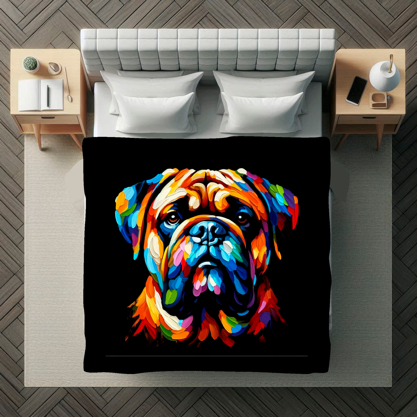 A vibrant 150cm x 150cm large art blanket featuring a colourful portrait of an Bullmastiff dog. The design showcases the playful and lively nature of the breed, with an array of bright and bold colours bringing the artwork to life. Perfect for filling large walls, Bed spread or throw. adding a touch of warmth to any room.